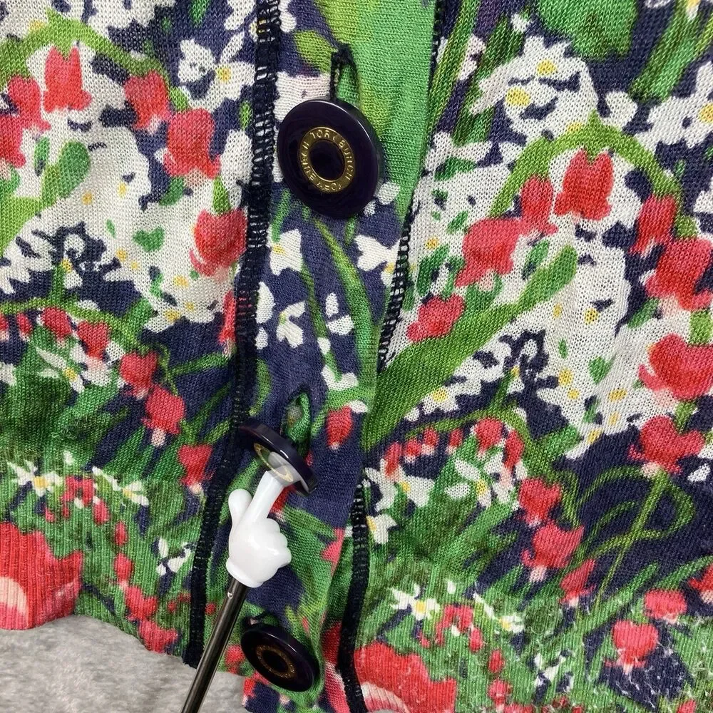 Tory Burch Linen Blend Cardigan Womens S Floral Garden Print Lightweight Preppy